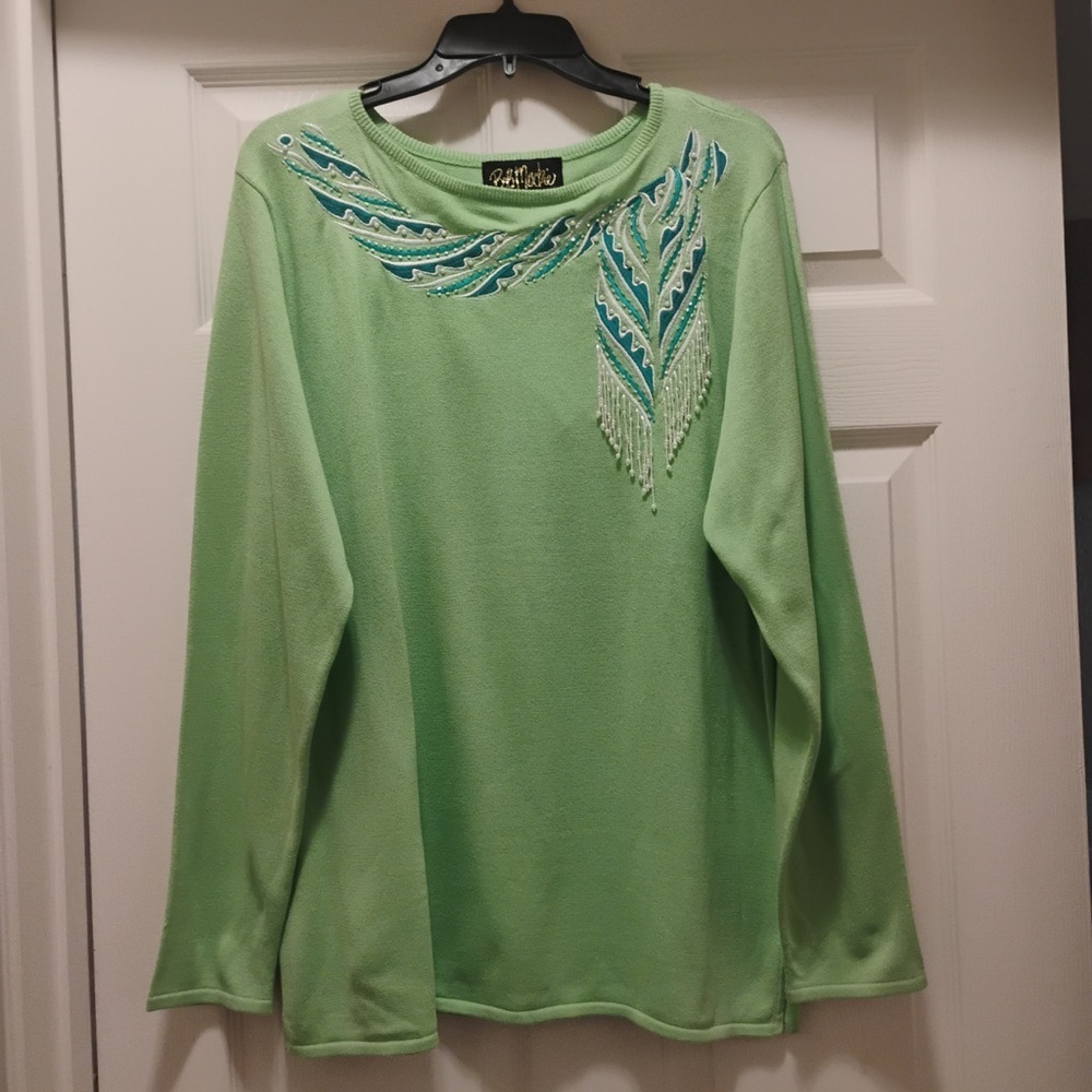 NWT Vintage Bob Mackie Wearable Art Green Embellished Embroidered Sweater Size L